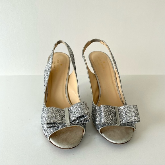 kate spade Sparkly Glitter Bow Slingback Silver Metallic Girlie Feminine Heels - Picture 9 of 17